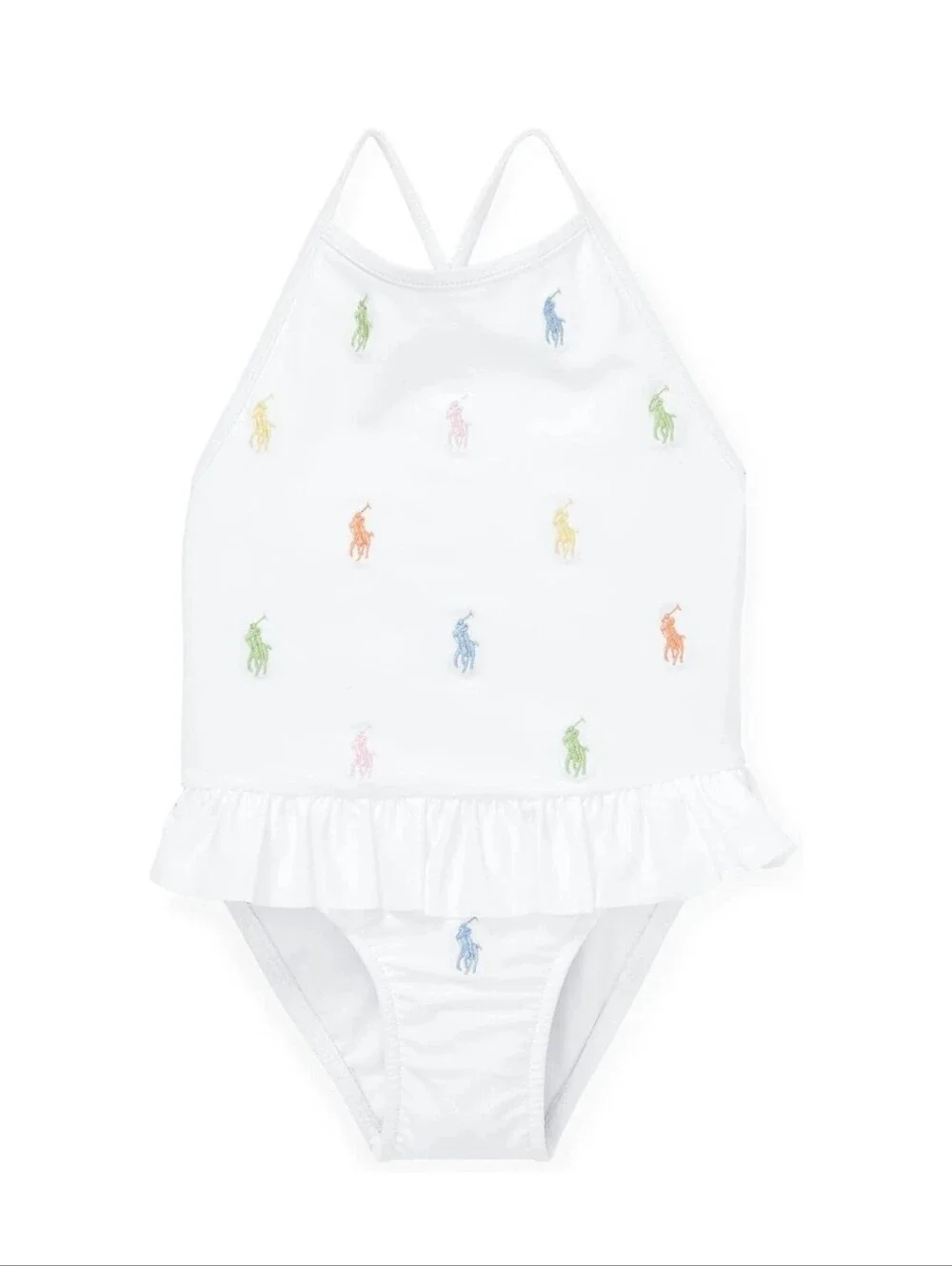 Polo Ralph Lauren NWT White One-Piece Girls Swimsuit with Multicolor Pony Logo.